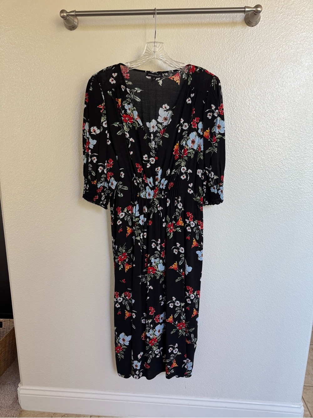Banana Republic Black Floral Midi Dress with Red & Light Blue Blooms